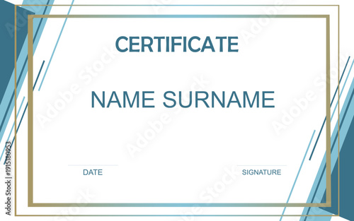 Modern certificate of appreciation template with geometric style elements. Illustration. Copyspace to insert name and surname. Modern and trendy design of diploma, sertificate.
