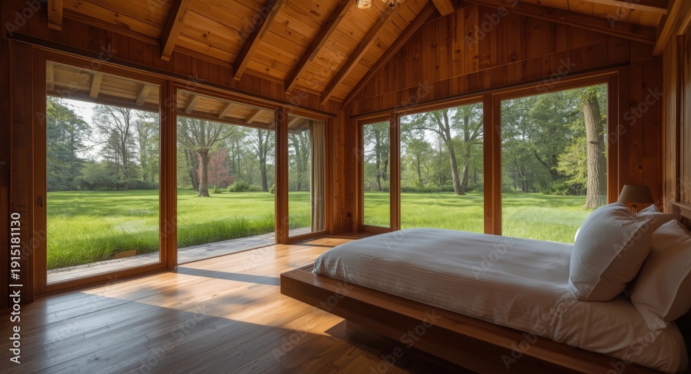 Fototapeta premium Warm bedroom setting with wooden walls hardwood floor and garden views with grass and trees
