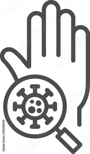 Hand holding magnifying glass inspecting virus illustration for health awareness.