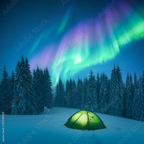 Winter forest with glowing green tent among snow-covered trees beneath starry sky filled with aurora borealis waves, northern lights. Night camping scene in snowy woodland with illuminated tent