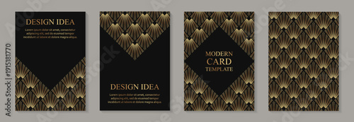 Modern geometric luxury black backgrounds for business or greeting cards with golden rhombuses in art deco style