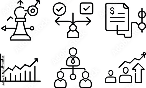 Business and Strategy Icons: Set of simple vector icons depicting business concepts such as planning, decision-making, contracts, and growth, showcasing essential elements of success.