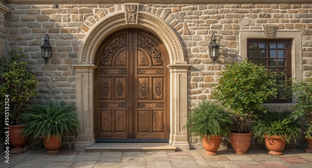 Fototapeta premium Authentic Italian house exterior with arched wooden door and decorative plant pots alongside copy space