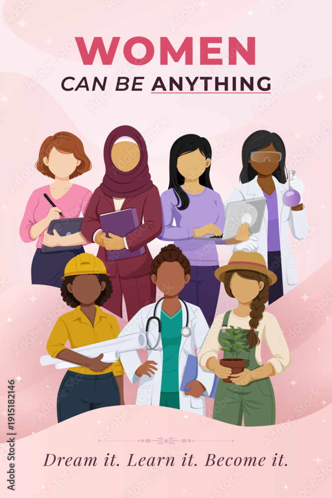 Obraz premium Motivational International Women's Day Vertical Poster with Diverse Professionals and Quote Women Can Be Anything