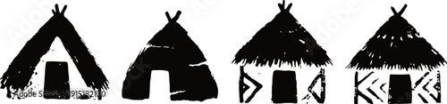 Four traditional tribal huts with thatched roofs and geometric decorations, silhouette