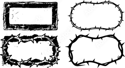 black thorny frame designs four grunge barbed wire borders in various shapes, sharp and rugged