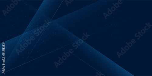 Abstract futuristic dark blue background with dynamic glowing lines and scattered light particles. The design features intersecting translucent geometric shapes and subtle star-like dots