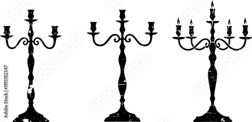 set of vintage grunge candelabras with multiple arms in black silhouette