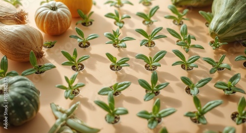 Pastel colored surface with green seedlings arranged and copy space for garden transplanting including onion pumpkin and lima beans