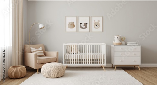 Side view of infant nursery interior featuring crib, cozy seating and bedside unit with three vertical wall prints
