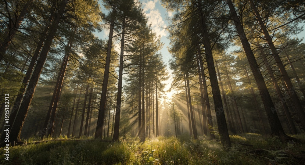 Obraz premium Sunlit dense forest filled with majestic tall pine trees and glowing warm canopy