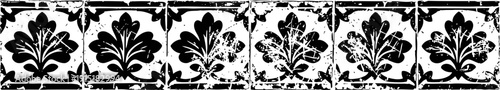 Vintage floral decorative border with grunge texture and ornamental leaf motifs in black and white