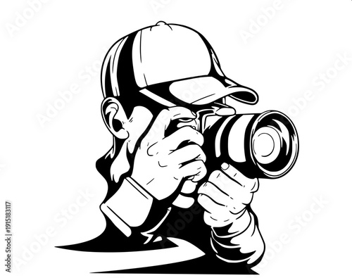 Black and white logo style illustration of photographer with cap and camera strap visible, clean vector