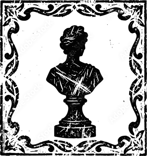 Vintage bust sculpture silhouette with decorative ornate frame in black and white