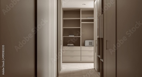 Contemporary wardrobe fitted with built in shelving sections