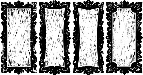 vintage decorative rectangular frames set with ornate floral borders in black and white design