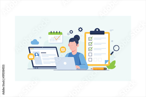 Woman working on laptop with checklist and office supplies around her on transparent background