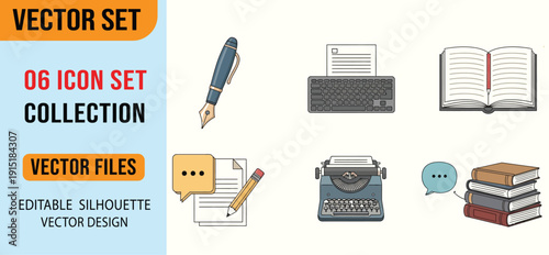 Vintage writing and publishing illustration set featuring fountain pen keyboard open book documents pencil typewriter speech bubbles and stacked books vector design
