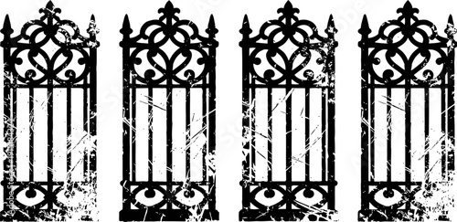 four vintage wrought iron gates with ornamental designs and distressed texture