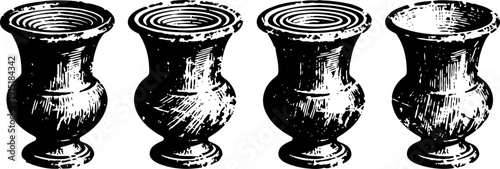vintage wooden cups set hand drawn rustic goblets with engraved texture illustration