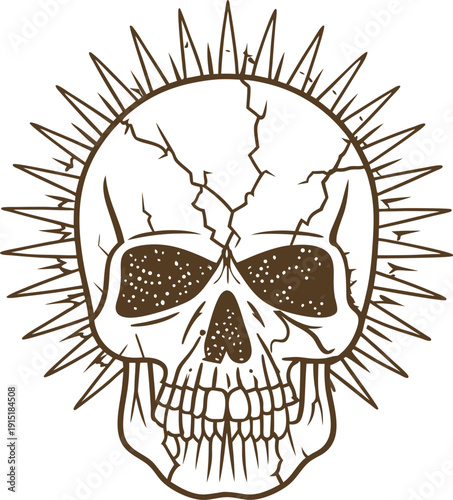 Cracked skull illustration with radiating spiked halo, vintage dark gothic design symbol