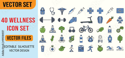 Wellness vector icons Includes yoga, meditation, fitness, health, and nature-related symbol