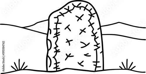 simple black and white illustration of a cactus in desert landscape with hills and sparse grass