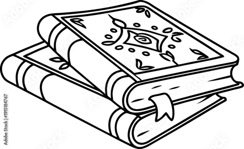 Two ornate hardcover books stacked with a bookmark, vintage line art illustration