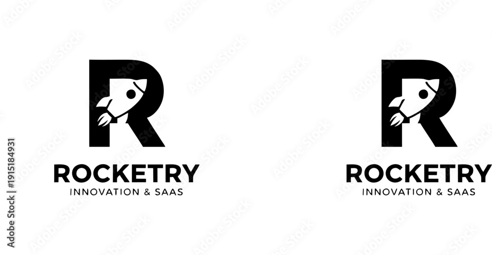 Fototapeta premium Professional vector logo design for “ROCKETRY INNOVATION & SAAS” featuring bold letter R with integrated rocket motif, symbolizing progress, technology, and modern SaaS branding.