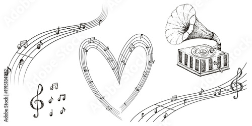 A set of graphic vector illustrations featuring musical notes and a gramophone. This simple black-and-white set is perfect for postcards, brochures, and diplomas.