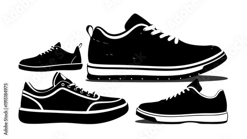 Very beautiful set of sports shoes and sneakers black silhouette icons in clean flat design, isolated on white background, perfect for branding, web, and apparel graphics.