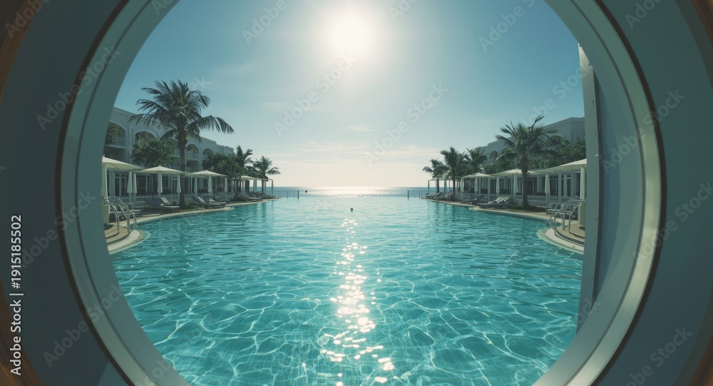 Fototapeta premium Swimming pool at luxury resort with bright sun reflections seen through a viewing port and copyspace