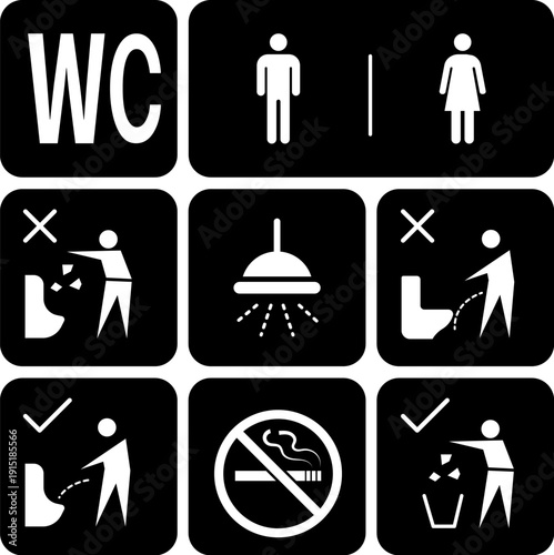 Public place signs. Toilet room Man and Woman signs. No smoking sign. Wash Hand. Prohibition and permission against urinating  in a given area. Prohibition of littering, trash disposal forbidden signs