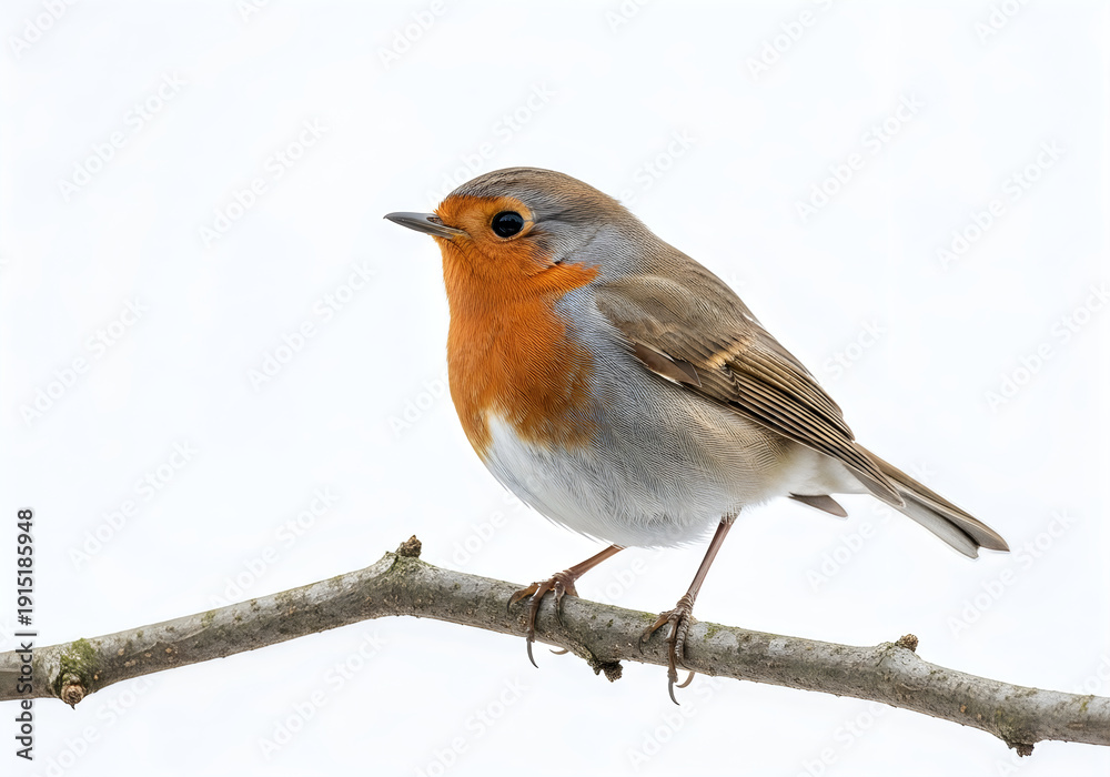 Fototapeta premium European robin bird perched on dry branch in soft winter light closeup