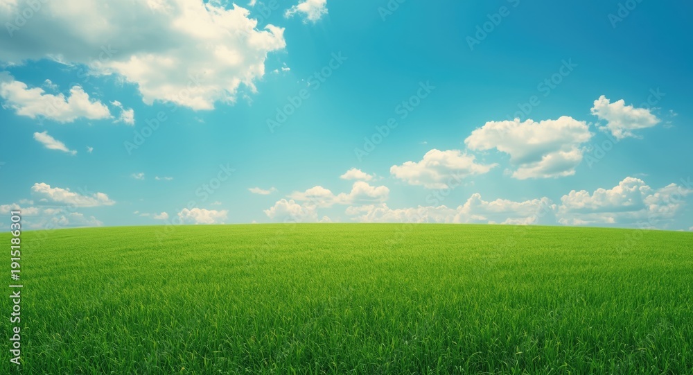 Fototapeta premium Spacious green turf under vibrant sky with fluffy clouds copy space
