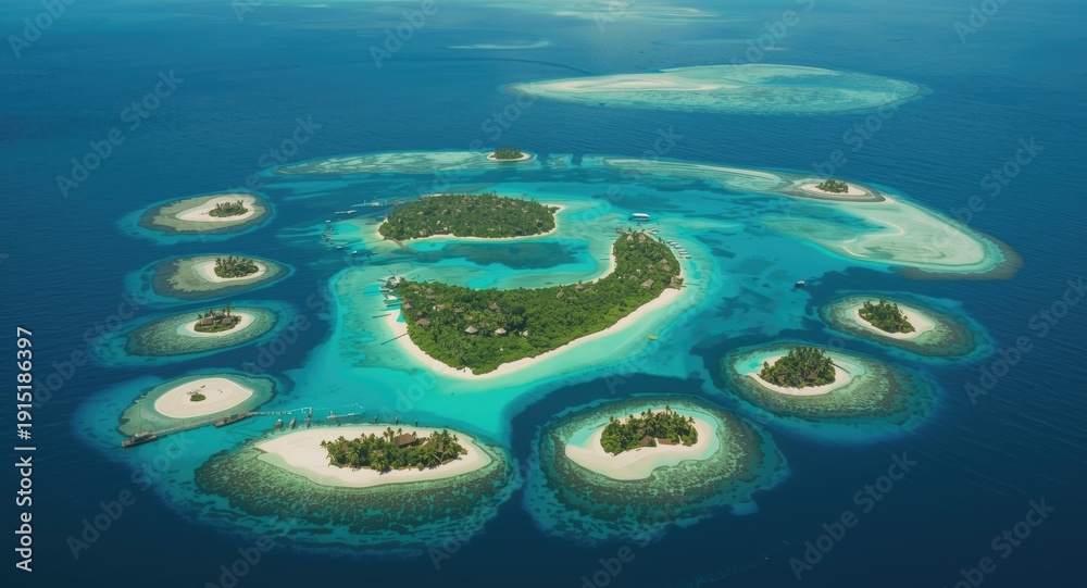Fototapeta premium Aerial shot of a remarkable archipelago consisting of tiny unique atoll islands with natural scenic beauty