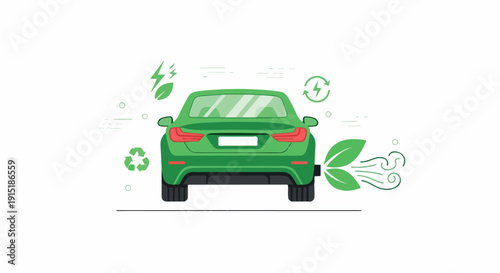 Illustration of a green car with eco-friendly symbols and leaves on a white background.