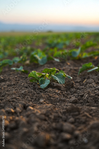 Young rapeseed plants growing in fertile soil at sunrise, canola crop seedlings and sustainable agriculture concept