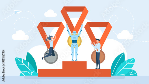 Podium competition between artificial intelligence and human. Success trophy for winner robot. Man and woman character stand at piedestal with artificial intelligence machine. Vector illustration