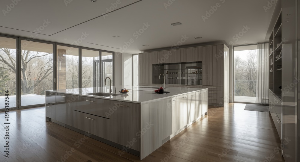 Obraz premium Luxury kitchen interior featuring a large island sink and custom cabinets with expansive windows