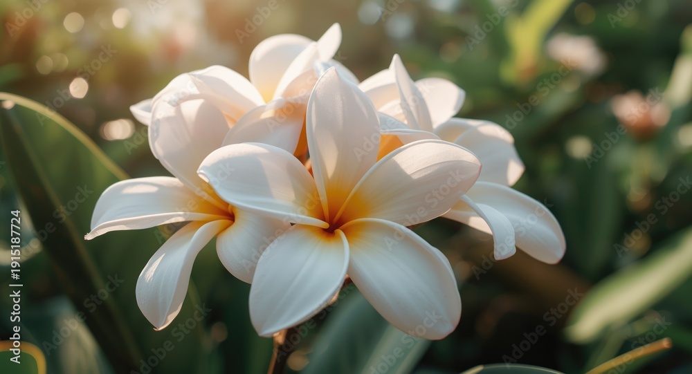 Fototapeta premium White plumeria flowers with smooth petals in vibrant outdoor setting