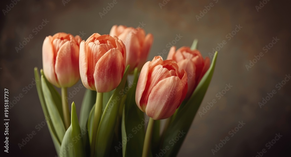 Fototapeta premium Fresh tulips in nostalgic vintage scene with generous space for text