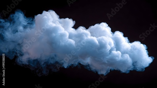 A dynamic billowing plume of white and blue vapor detailed and sharp drifts across a deep black void