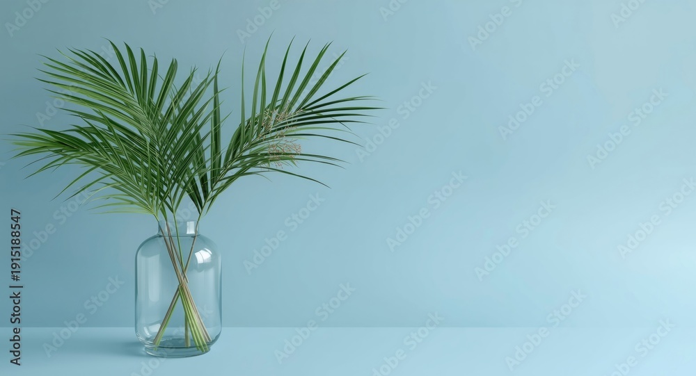 Obraz premium Glass vase with lush palm leaves on cool blue backdrop in Scandinavian design style with copy space