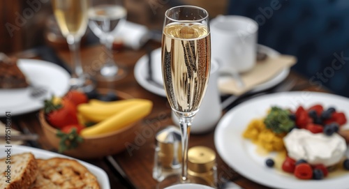 Selective focus on a champagne flute surrounded by breakfast classics and fresh fruit