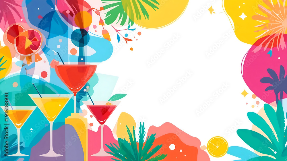 Fototapeta premium Vibrant Tropical Cocktail Party Background with Colorful Flowers and Palm Leaves for Summer Event and Beach Promotion Use
