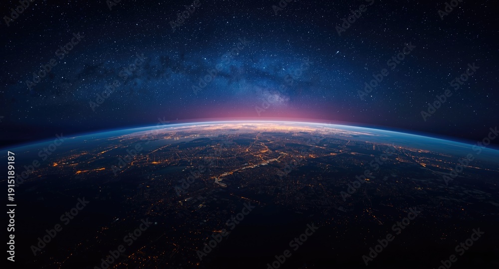 Fototapeta premium Epic scene of planet Earth glowing with electric city lights under a luminous star canopy