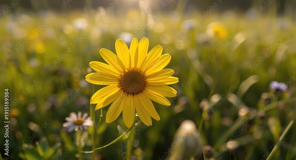 Fototapeta premium Close up of a vibrant yellow daisy blooming in a sunlit meadow with delicate petals