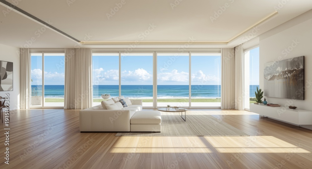 Fototapeta premium Open living room in a luxury beach home with wooden floor and minimalist white wall overlooking ocean scenery