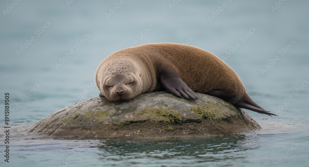 Fototapeta premium Calm northern fur seal resting atop a smooth stone in clear tranquil waters